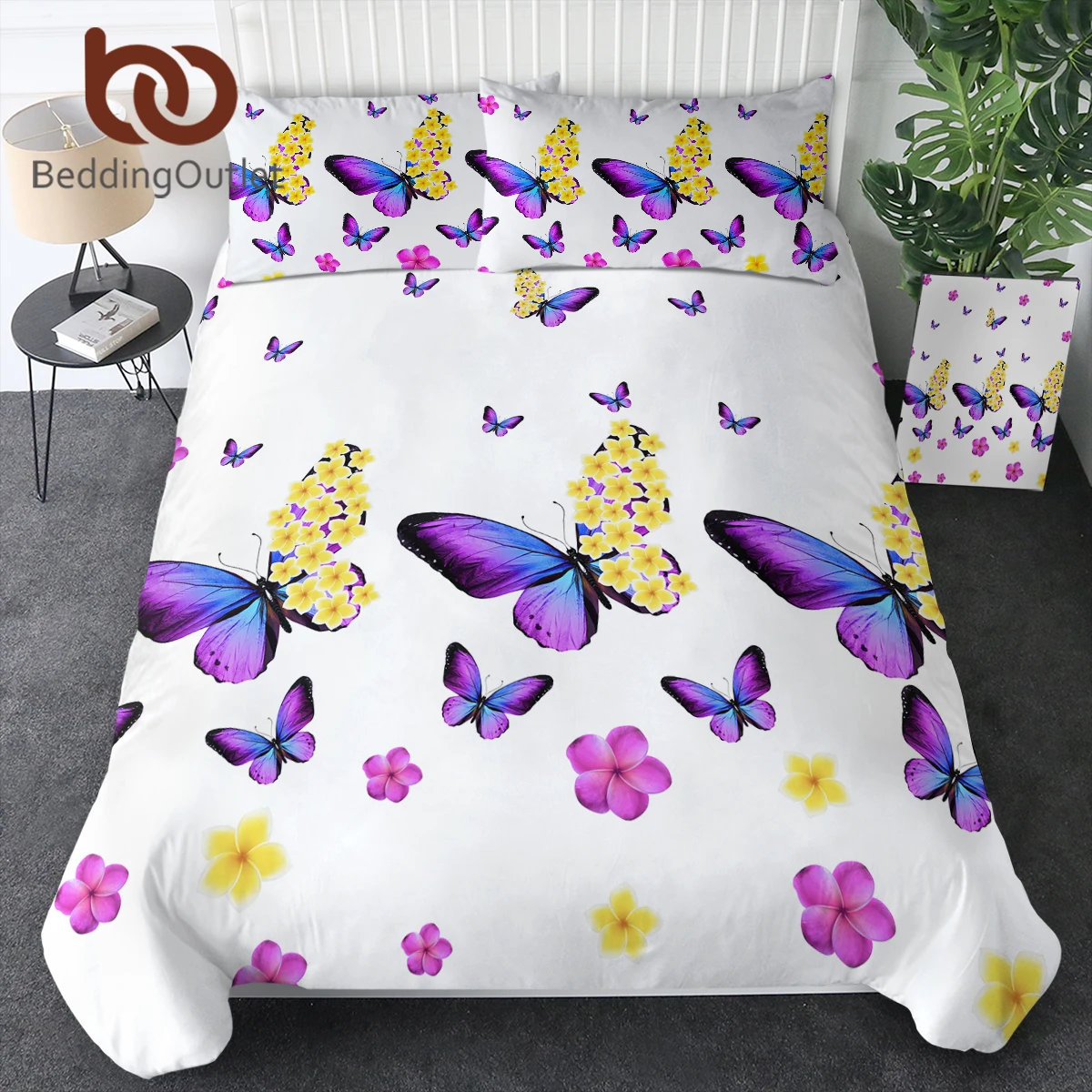 

BeddingOutlet Elegant Purple Butterfly Printed Duvet Cover Set Pink Yellow Flower Pattern Quilt Cover Set For All Seasons