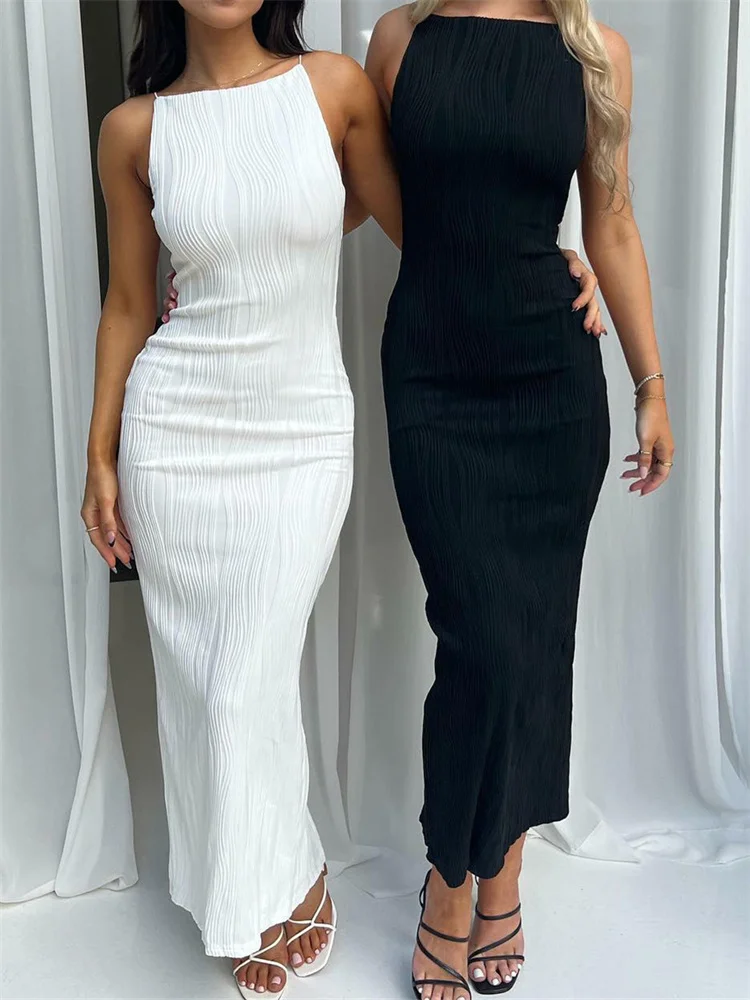 

Fashion 2023 Sexy Women Long Dress Ruched Sleeveless Slim Solid Summer Party Back Split Dress Clubwear Female Vestido Outfits