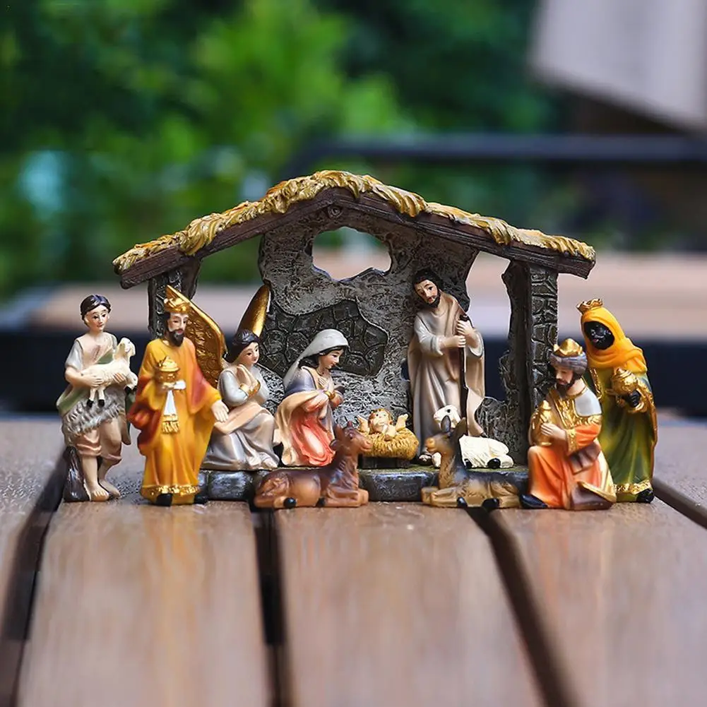 

Christmas Nativity Figurine Set Nativity Manger Scene Kit Ornament Hand Painted for Home Bedroom Office Indoor Decoration