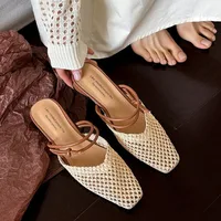 Vintage Woven 1 Slip-on Toe Half Slippers Women's New Outwear French Fairy Style Thick Heel Holiday Shoes