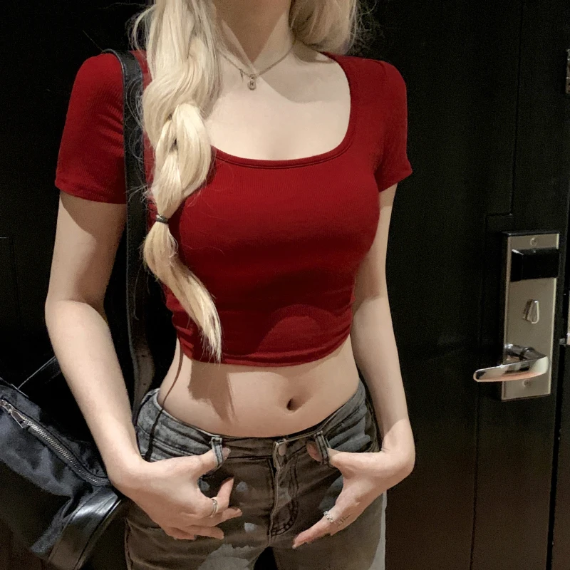 Women's O-neck Backless T-shirt Short Sleeve Solid Color Crop Top Summer Cute Baby Tee Y2K Clothes Skinny Tunics Fashion Tops