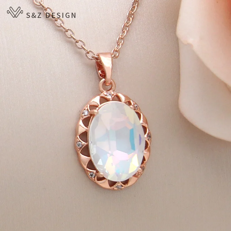 S&Z DESIGN New Fashion Oval Crystal Pendant Necklace For Women Wedding Party Cubic Zirconia 585 Rose Gold Color Jewelry Gift
