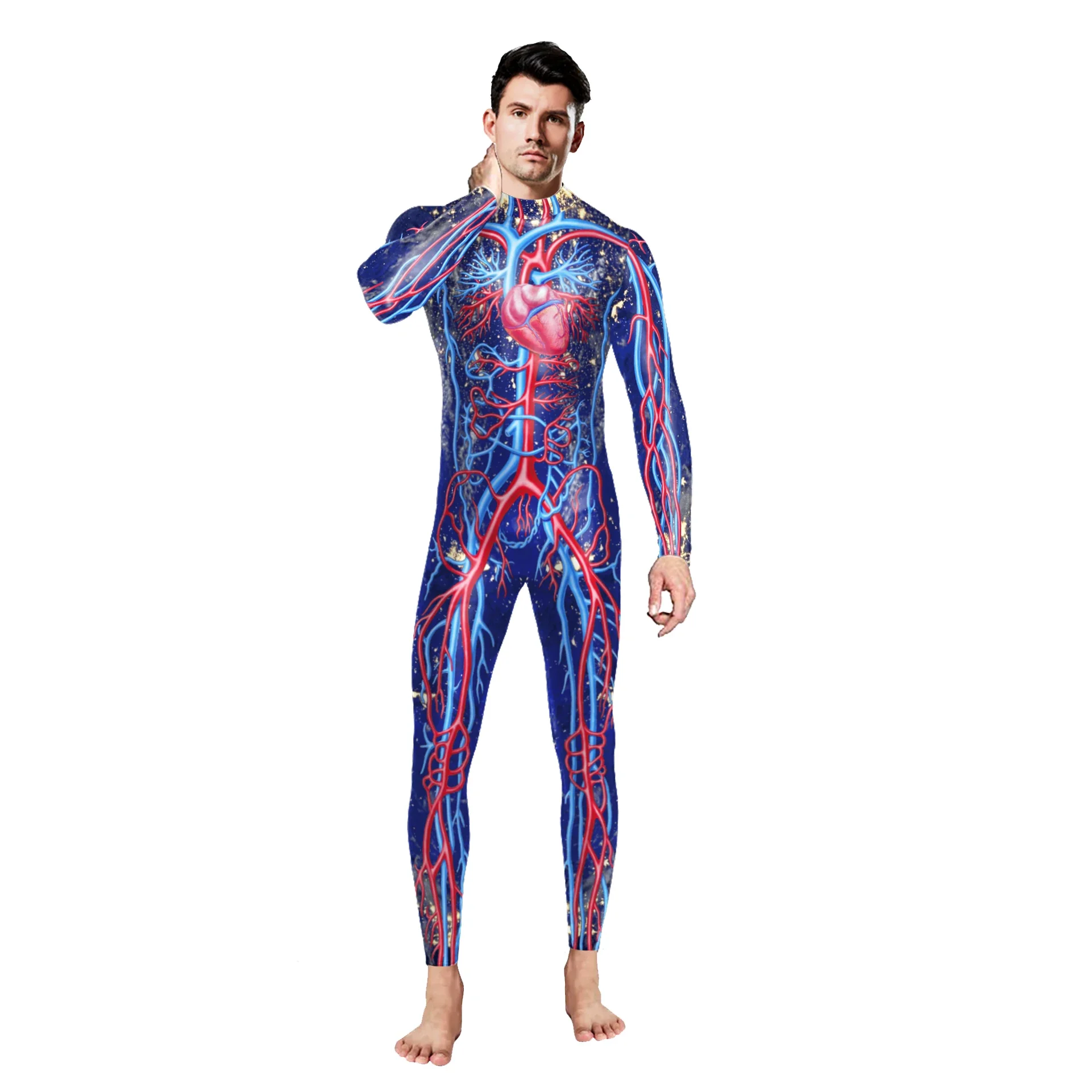 Human Cardiac Vascular Jumpsuit Carnival Party Bodysuit Funny Catsuit Long Sleeve Jumpsuit Human Anatomy Pattern Cosplay Costume