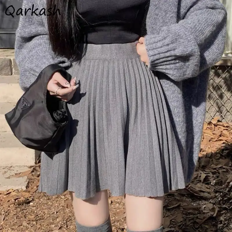 

Mini Pleated Soft Skirts Women Gentle Preppy Style Autumn Knit Cozy Leisure Girlish Sweet Vintage Solid High Waist Elastic Ins