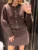 Elegant Brown Skirt Suits Knitted O-Neck Long Sleeve Metal Button Cardigan High Waist A-line Mini Skirts 2025 Spring Lady Outfit