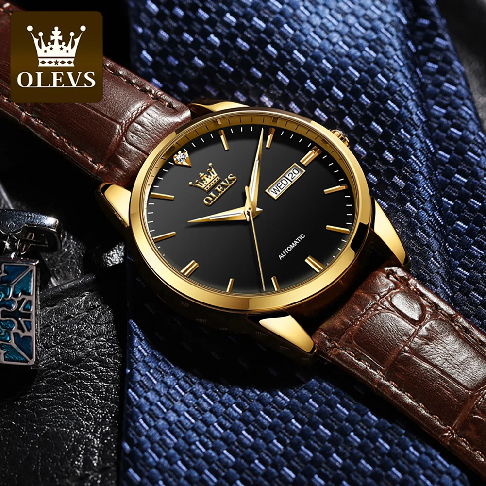 OLEVS Business Mens Mechanical Watch for Men Leather Waterproof Automatic Mens Watches Top Brand Luxury Clock Reloj Hombre