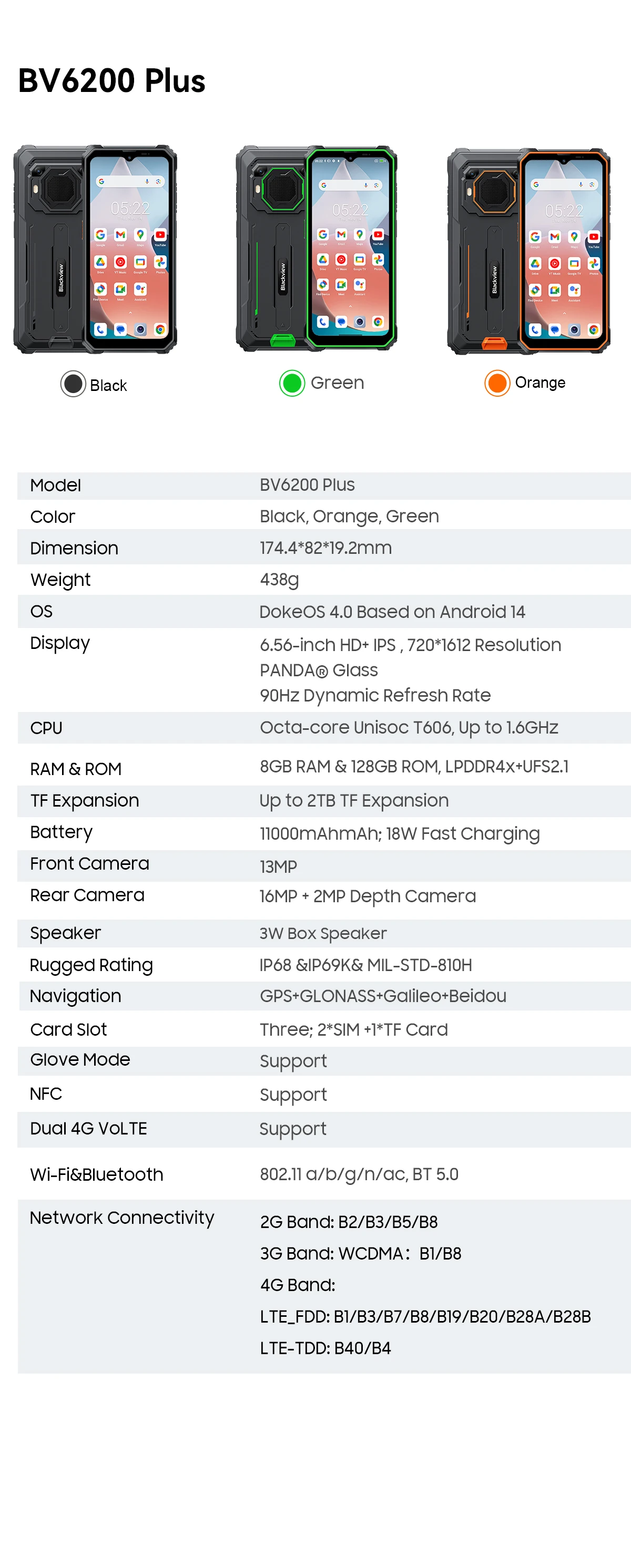BLACKVIEW BV6200 Plus  [No EU Charger] Rugged Smartphone 32GB(8+24) + 128GB 11000mAh Android 15 Mobile Phone 6.56''90Hz NFC