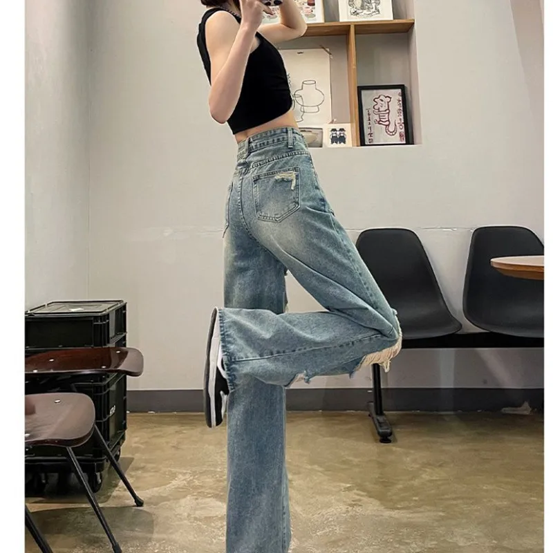 2024 Spring/Summer Vintage Distressed Jeans with Adjustable Oversized High Waisted Slimming Straight Leg Wide Leg Pants