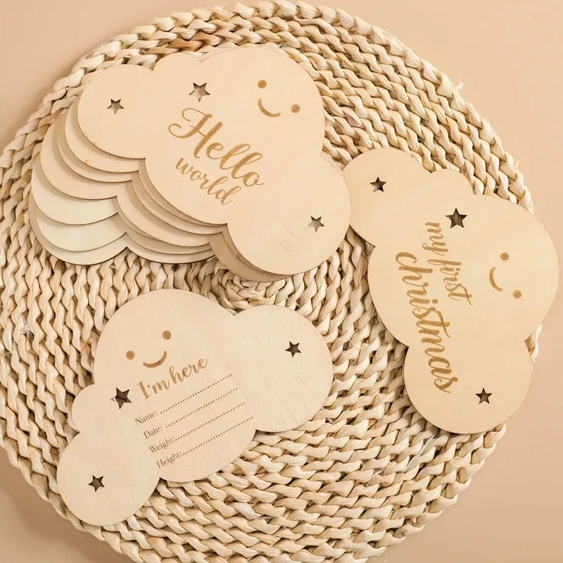 8pc/set Wooden Baby Milestone Card Newborn Cute Cloud Shape Photography Props Accessories Monthly Card Sticker Newborn Gift 1