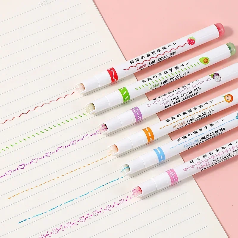 6 개/대 아트 드로잉 낙서 편지지 꽃 라인 모양 형광펜 펜 학교 사무용품 롤러 팁 커브 라이너 마커