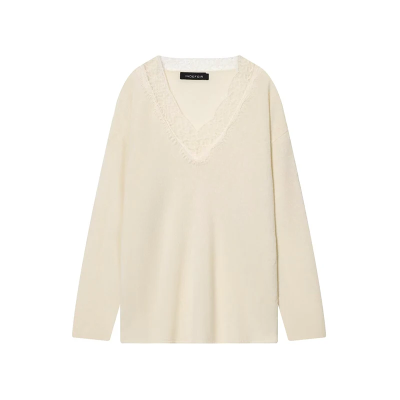 Autumn Winter Chic Knitted Pullover Women Elegant Lace Splicing V neck Sweater Casual Long Sleeve Female Elegant Knitwear Top