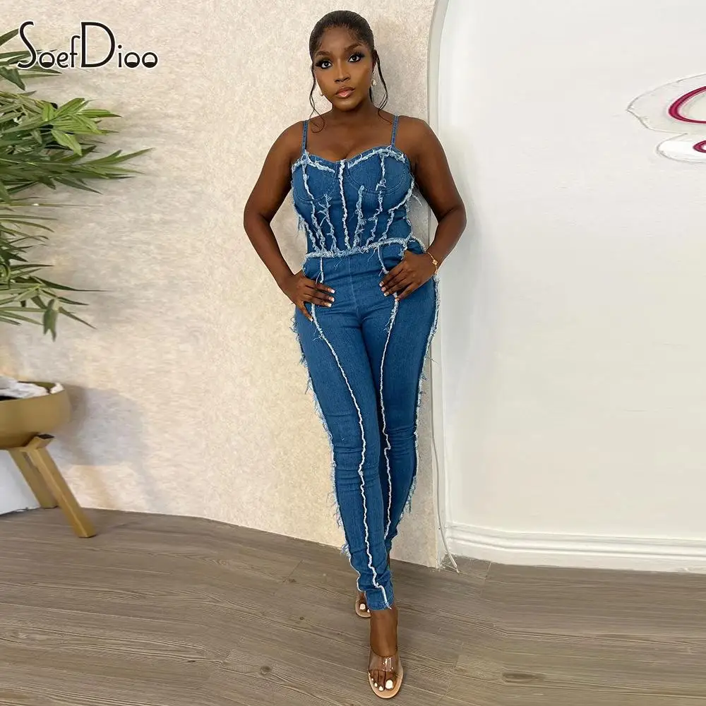 

Soefdioo Fashion Tassel Splice Denim Spaghetti Strap Zipper Back Jumpsuit Women 2023 Casual Street Blue Jeans One Piece Rompers