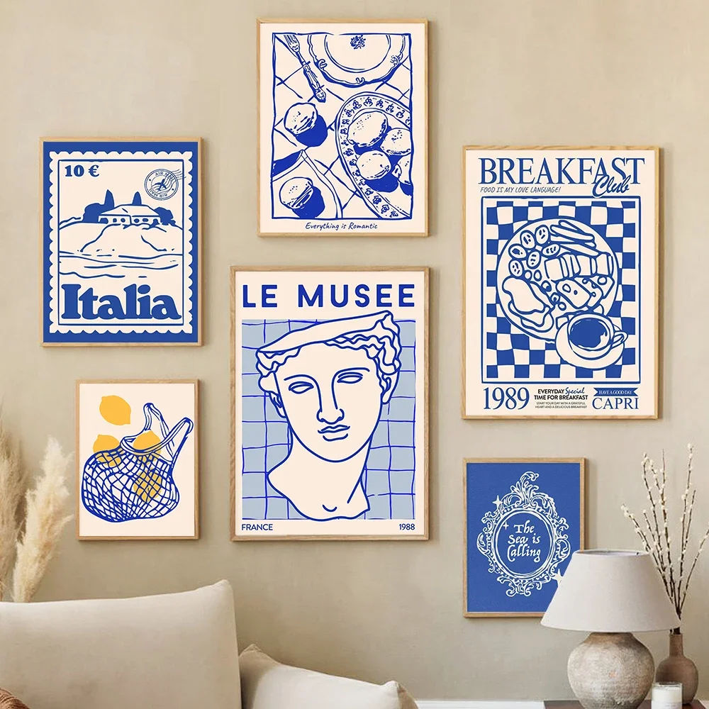 Quadro su tela senza cornice, 1 pezzo, blu, arte murale maximalista, decorazione costiera, stampe Le Musee, estate italiana, retrò, colazione, cibo, bevande C