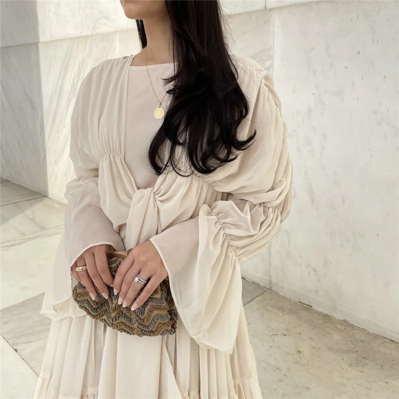 Muslim Abayat Dress Solid Color Puff Sleeves Robe Femme Musulman Elegant Fashion Ladies Dress for European and American Dubai