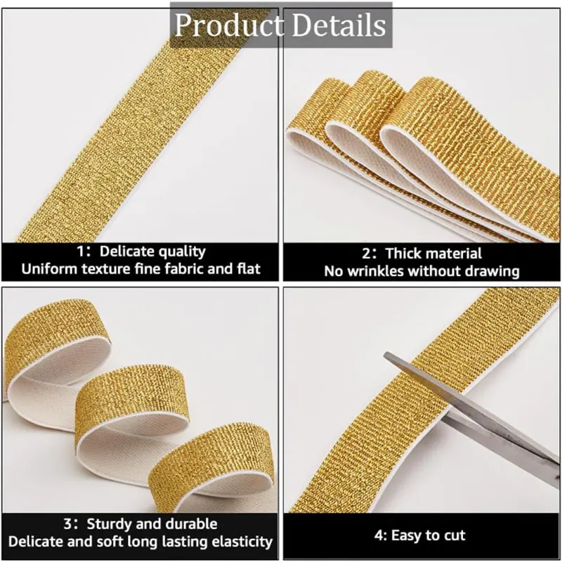Elastic Glitter Ribbon Strap - Soft Gold & Silver, 2/5 Meter - Versatile for DIY Sewing, Crafting & Waistband Projects
