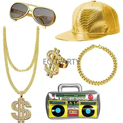 Hip Hop Costume Kit Radio Box Gold Baseball Cap Sunglasses Necklace Ring and Rapper Gold Chain 80s 90s Hip Hop Accessories Party