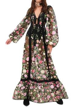 Women's Summer Long Beach Dress Long Sleeve V Neck Backless Floral Bikini Cover Up 5