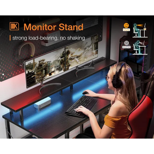 48 Inch Game Table Belt LED Lamp and Power Socket,Computer Desk with Monitor Stand and Storage Knife,CPU Bracket,Home Desk,Black 6