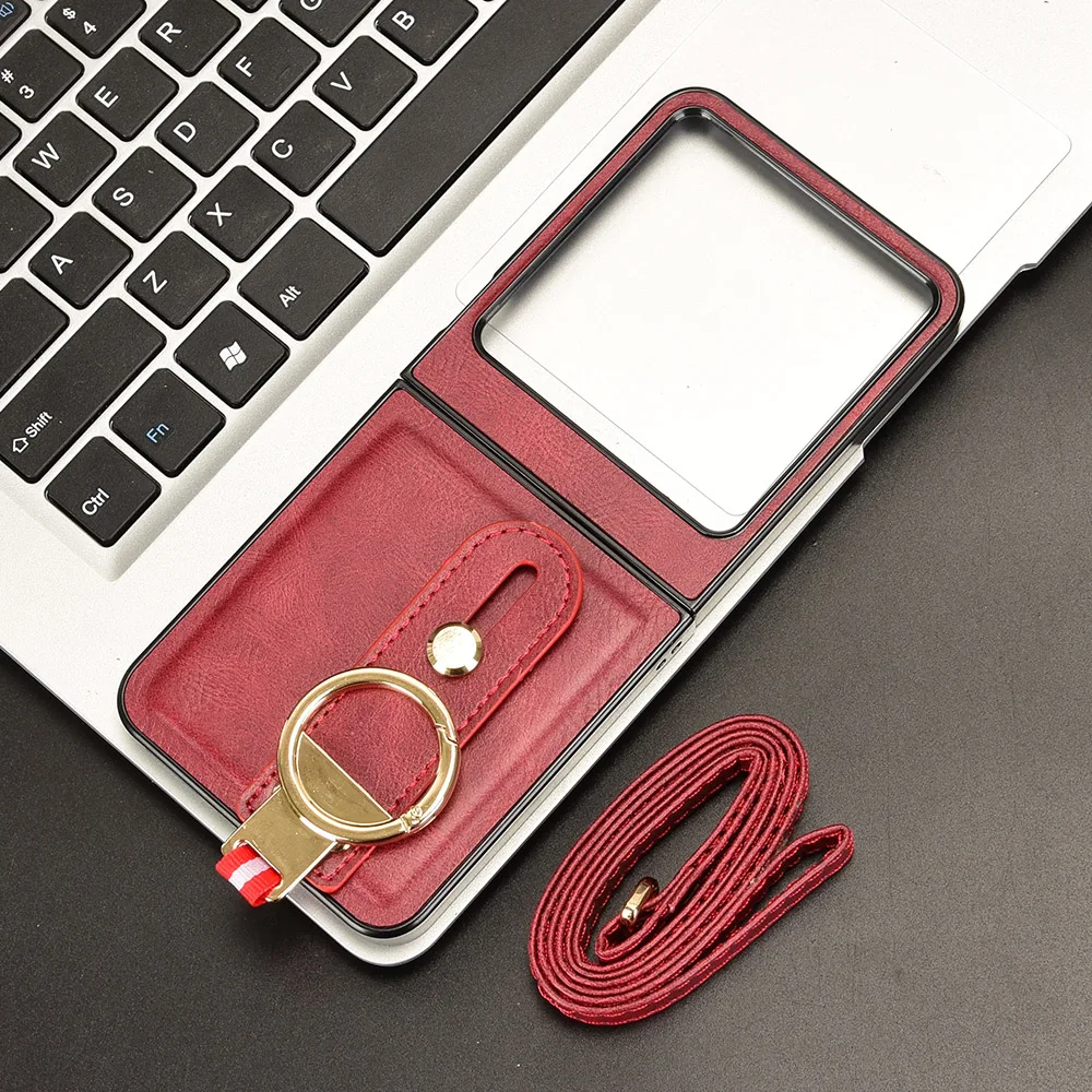 Luxury Leather Anti-Slip Flip Phone Case with Wrist Strap and Finger Ring Back Cover