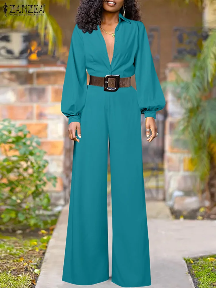 

ZANZEA 2024 Spring Fashion Wide Leg Pant Jumpsuit Elegant Solid Romper Women Long Lantern Sleeve Playsuit Casual Waisted Overall