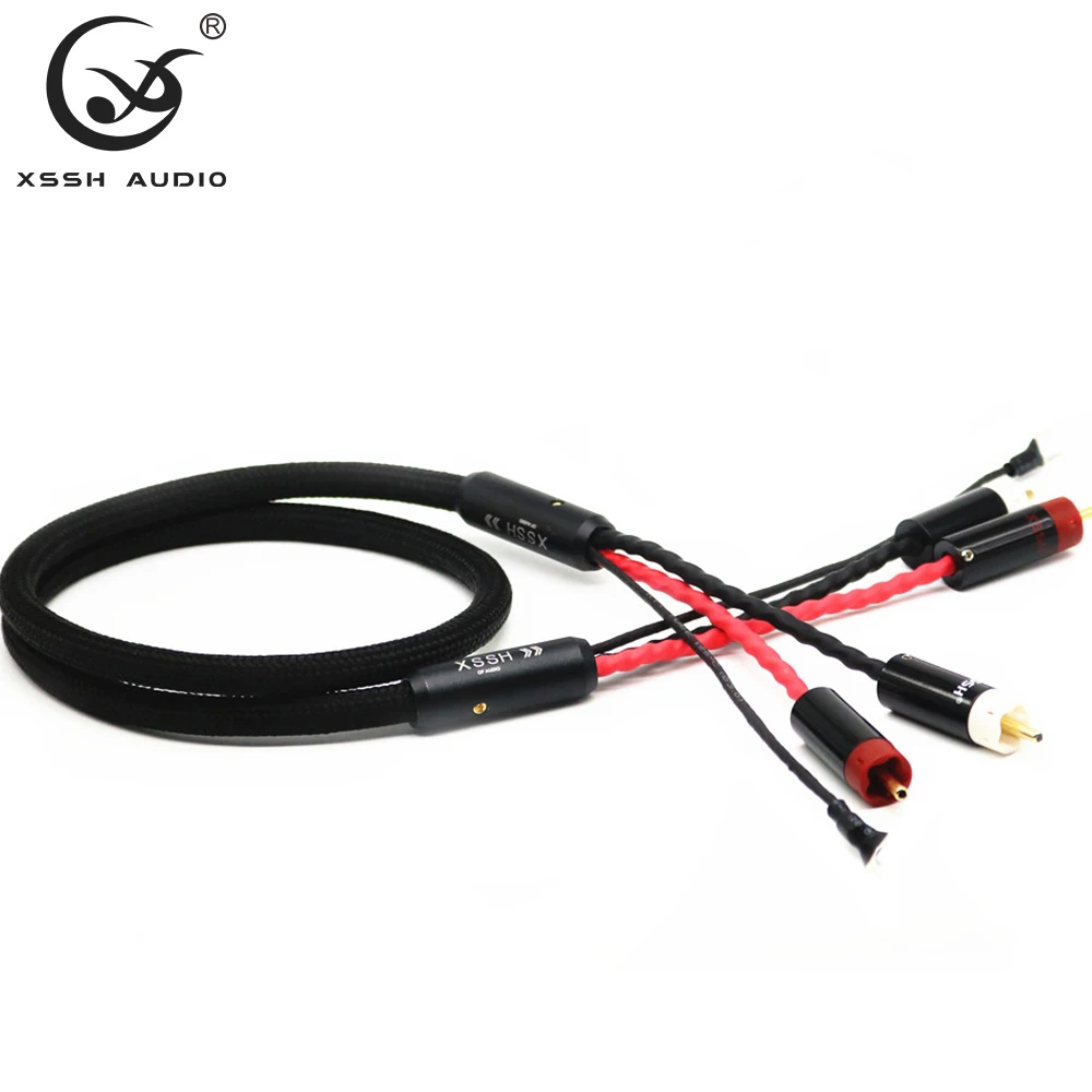 Signal Linie Schnüre XSSH 4 Core OFC Silber Schild Gold 2 RCA zu 2 RCA Boden U Spaten Stecker Boden draht Audio Phono Tonarm Kabel