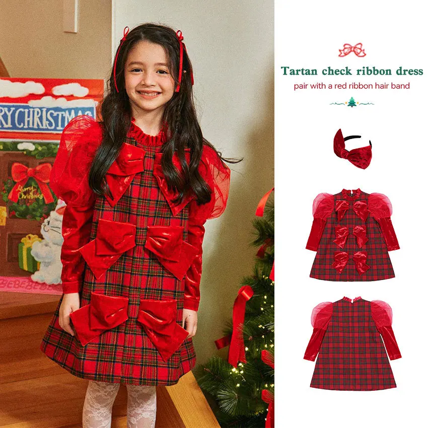 spot BE children's New Year clothing Autumn and winter girls Korean version red plaid thickened dress Children's New Year p