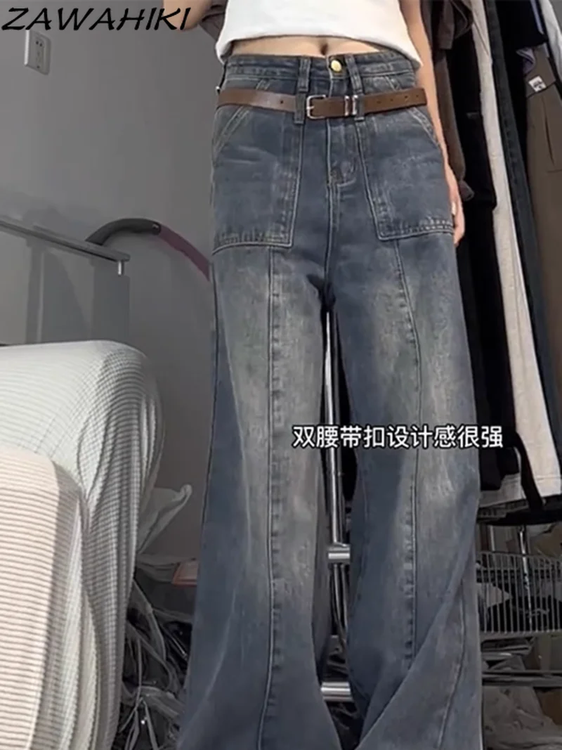 

Vintage Retro New Solid Color Chic Designed Loose Women Jeans Wide Leg Straight Fashion High Waist Washed Spring Summer Pants