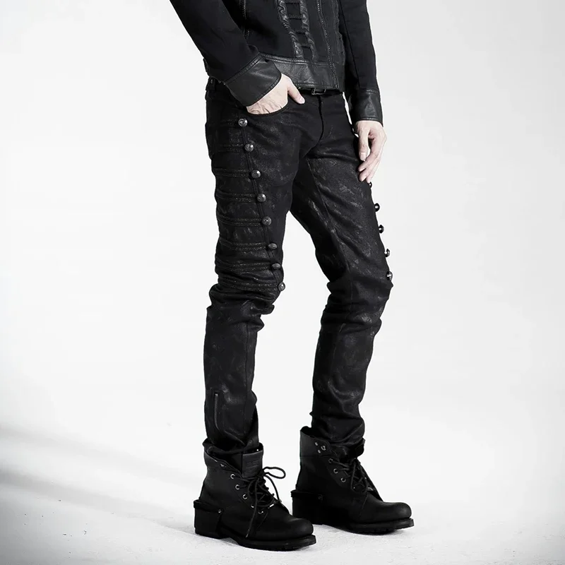 PUNK RAVE Men Uniform Style Steampunk Street Handsome Straight Elastic Pants Fashion Black Rivet Men Pencil Trousers