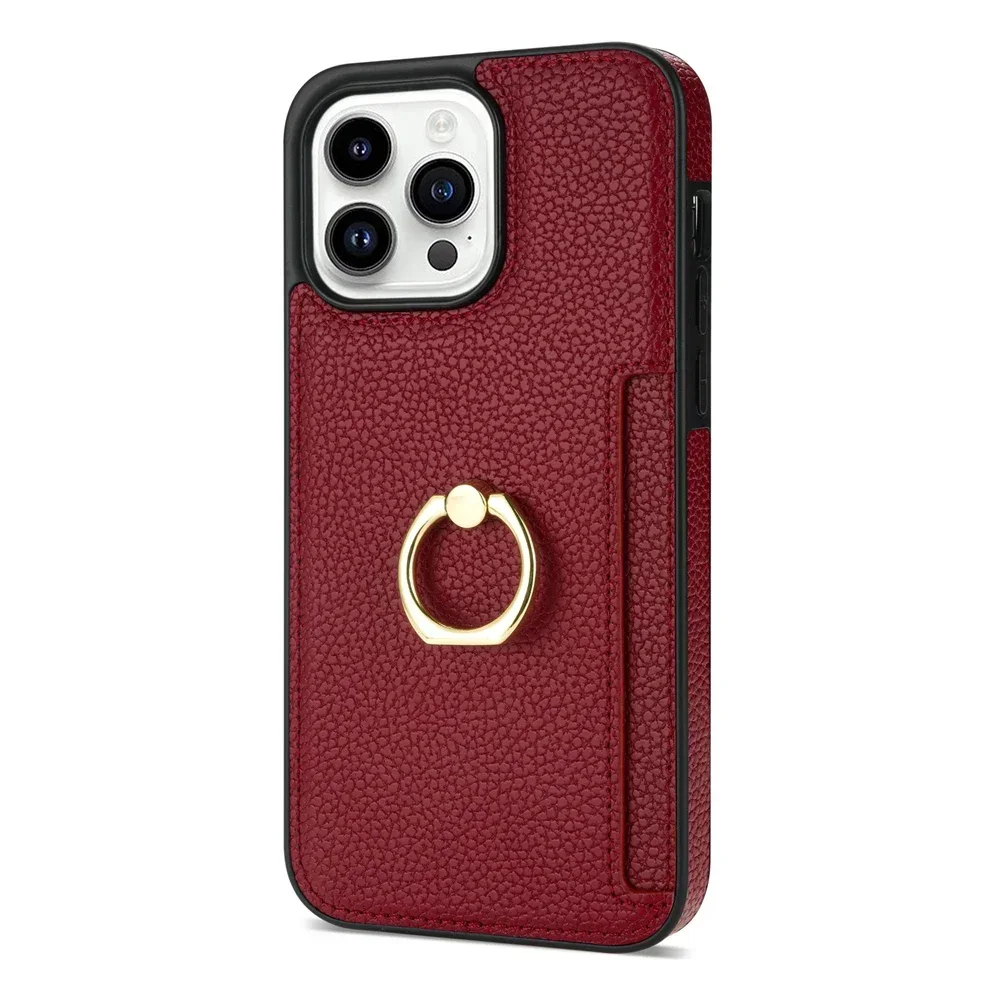 Litchi Leather Wallet Case with Ring Holder
