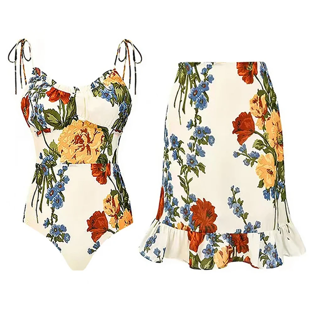 Floral Print Lace Up One Piece Swimsuit Luxury Vintage Bathing Suit