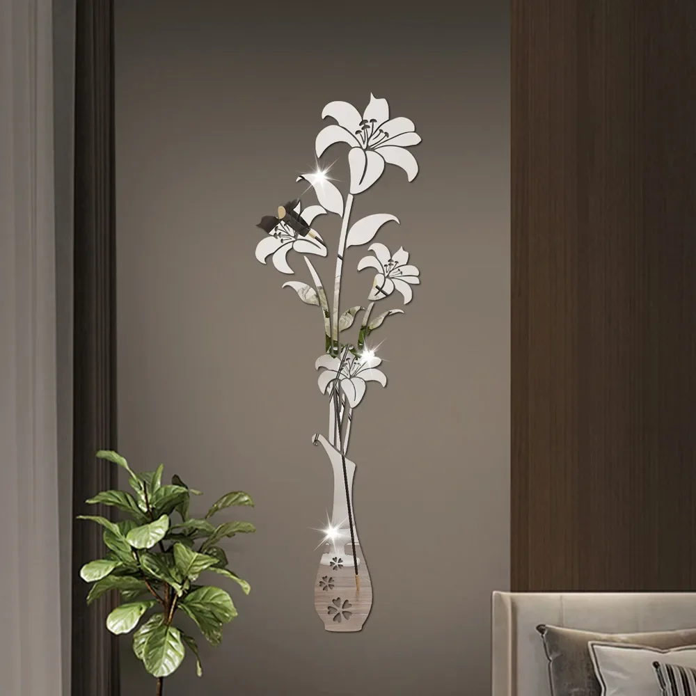 DIY Lily Flower Vase Acrylic Mirror Stickers For Room Decoration Vase 3D Flower Wall Decals Sticker Living Room Wall Home Decor wall sticker,mirror wall sticker,acrylic wall sticker