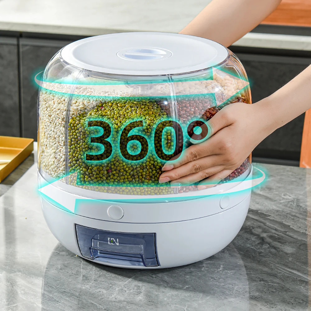 

360°Rotatable Sealed Container 6kg Cereals Organizers Grain Food Dispenser Rice Barrels Containers Kitchen Storage Organization
