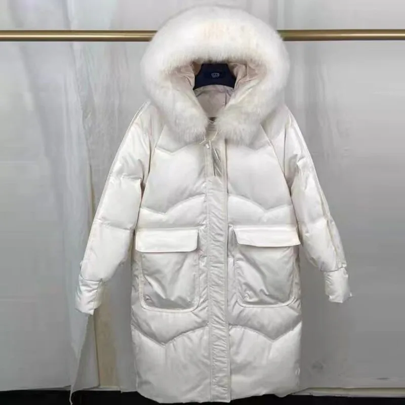 Down Jacket Women Long Knee Length Large Fox Collar Winter New Loose and Thick White Duck Down Hooded Jacket