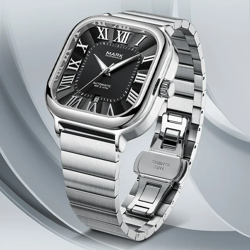 

2024 Fashion Mens Square Watches Brand Mark Fairwhale Automatic Date Stainless Steel Clock Luxury Quartz Wristwatch Dropshipping