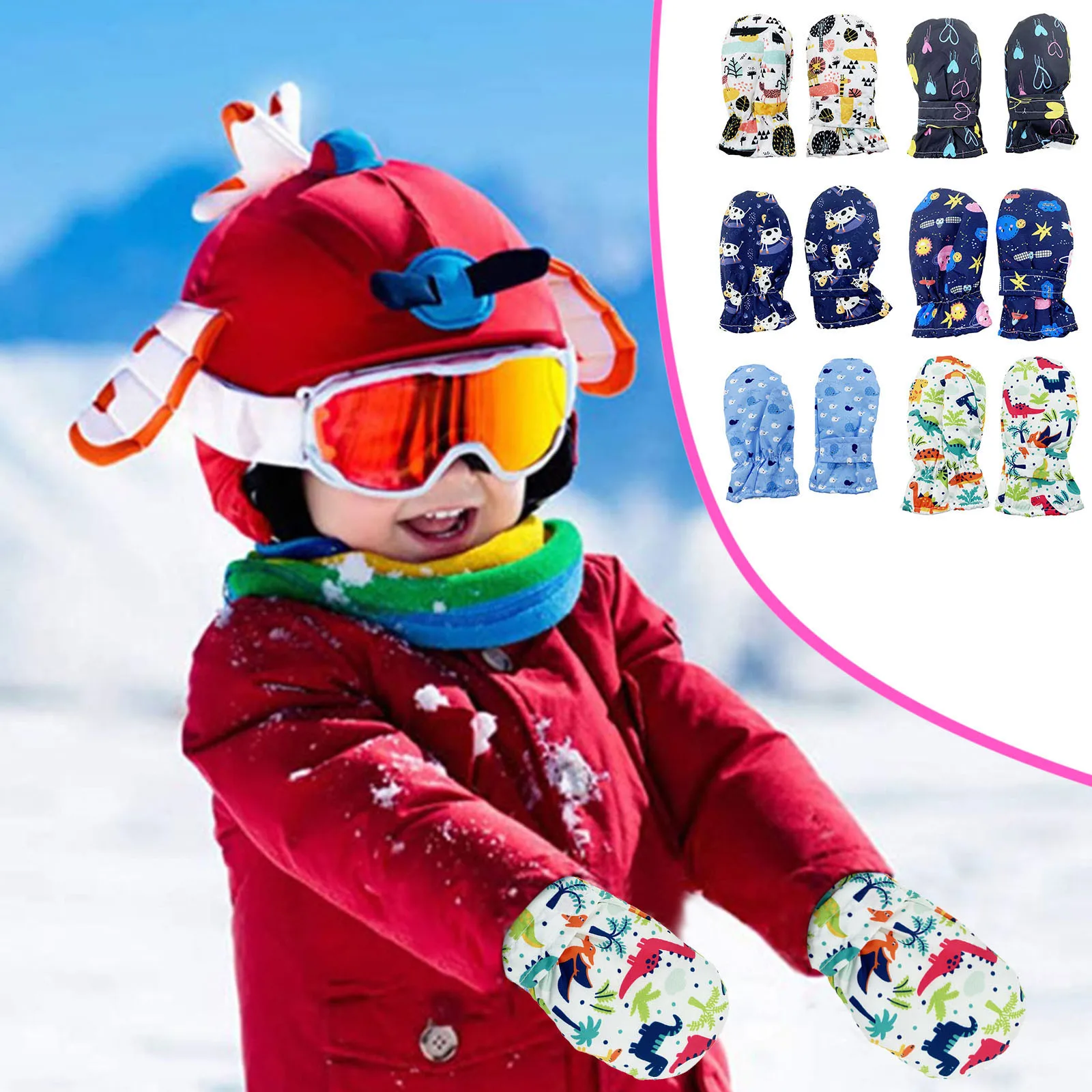 

Thicken Warm Children Ski Gloves Waterproof Outdoor Snowboard Mitten Winter Cute Cartoon Print Snow Kids Windproof Gloves 2023