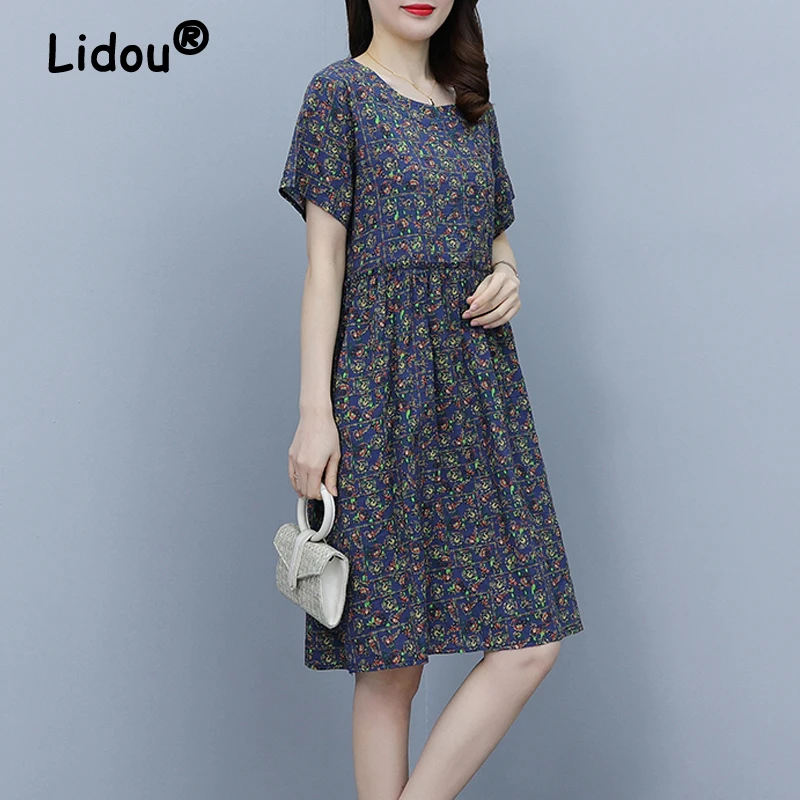 

Women Clothing 2024 Summer Vintage Fashion Print Ruffle Pockets Beach Midi Dress Casual O Neck Short Sleeve Loose Cotton Dresses