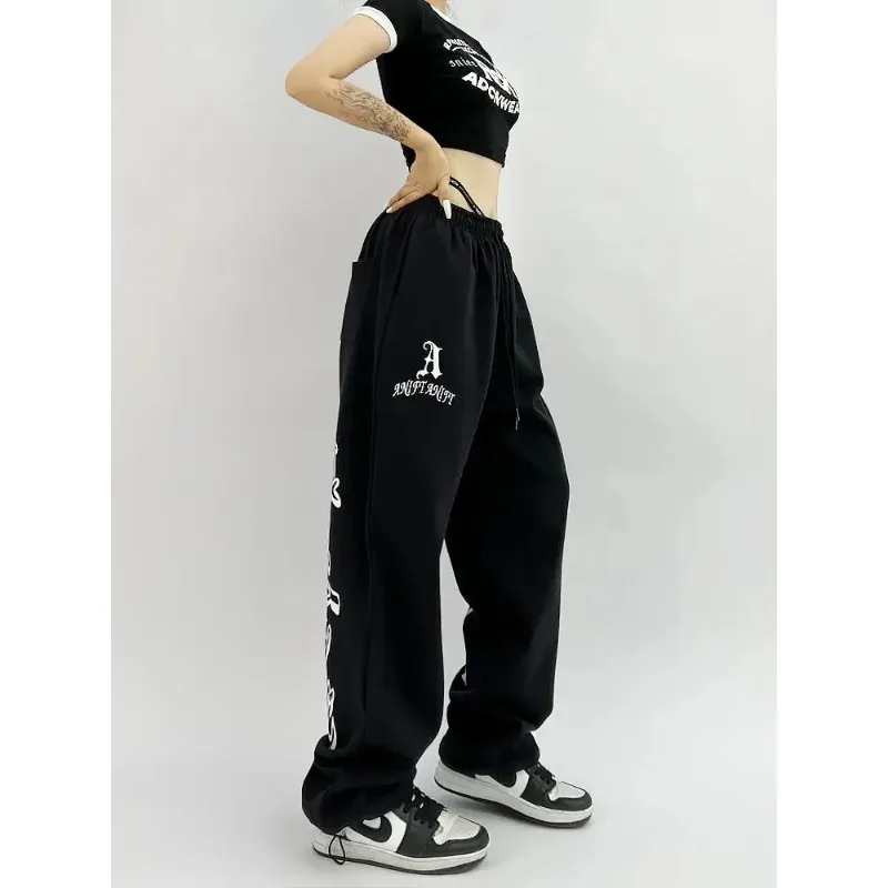 QWEEK Hip Hop Gothic Black Jogging Sweatpants Oversize Y2K Grunge Kpop Baggy Trousers Harajuku Graphic Wide Leg Sports Pants