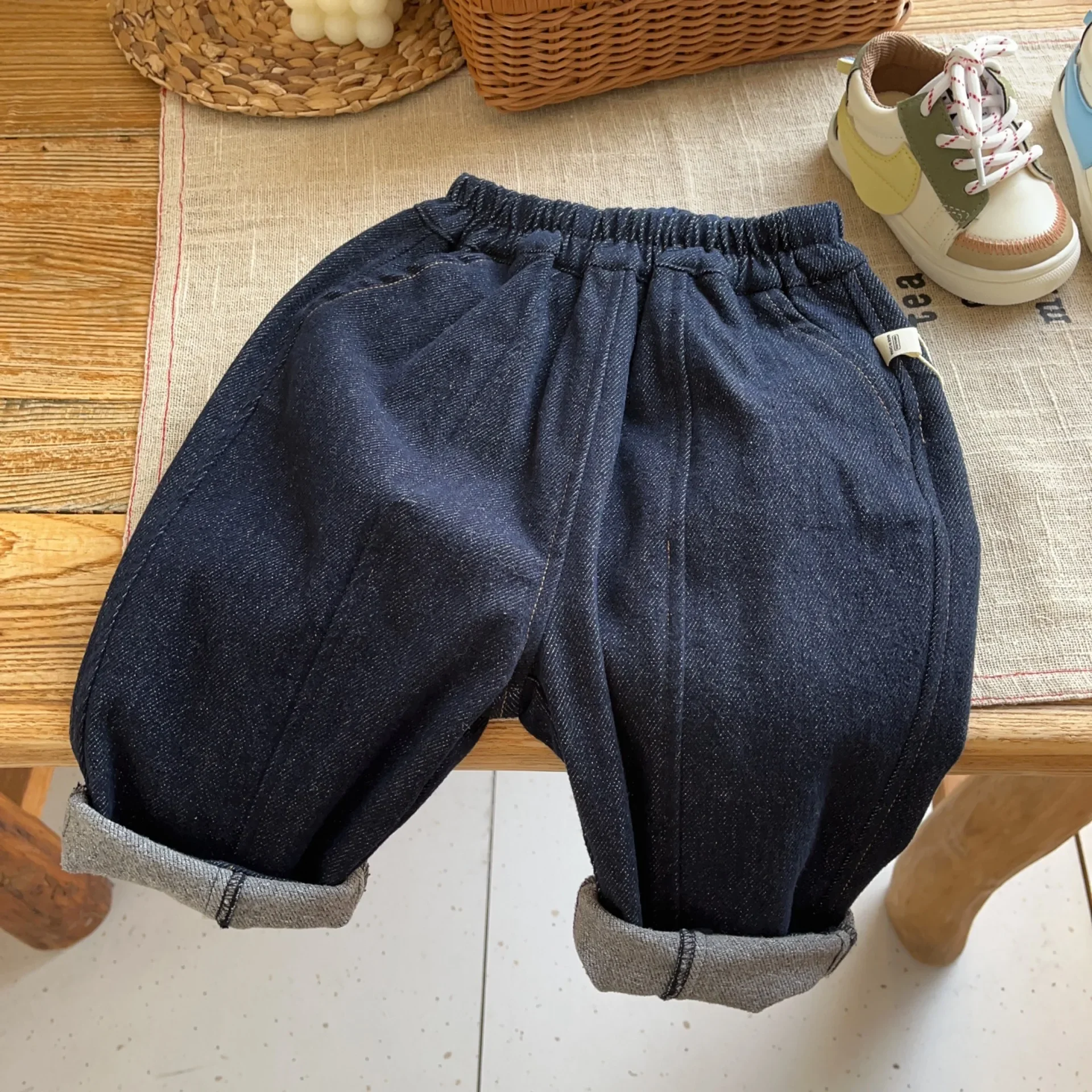 

Kids Pants Thick Jeans Winter Korea Childrens Clothing Boys Soild Embroidery Causal Pants Baby 2023 Warm Simple