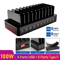 100W 5 USB + 5 Type-C Ports Multi Charger with Stand, Fast Charge Universal for iPhone Samsung iPad, Ideal for Home Office Use