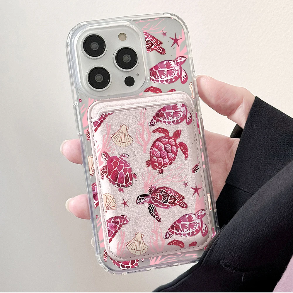 Sea Turtle Clear Phone Case with Card Holder and MagSafe Compatibility