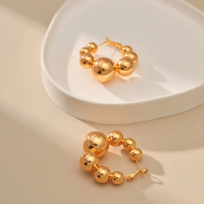 European American Exaggeration Stainless Steel Beads Hoop Earrings PVD Gold Plated Huggie Ear Buckle Punk Jewelry Wedding Gift