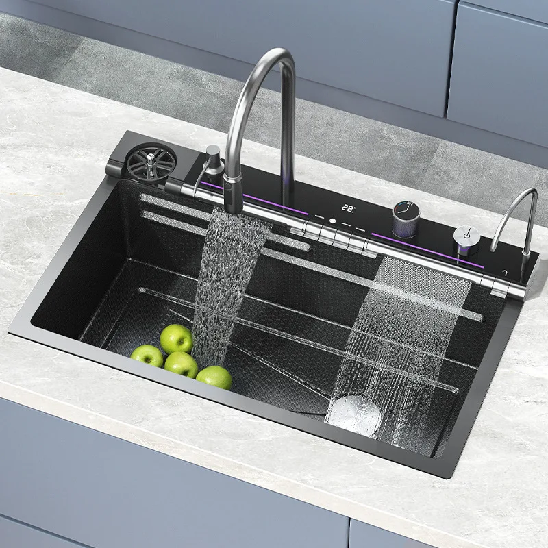 

Smart Waterfall Kitchen Sink Honeycomb Embossed Stainless Steel Single Slot Digital Wash Basin Apartments Apartment Washing Tank