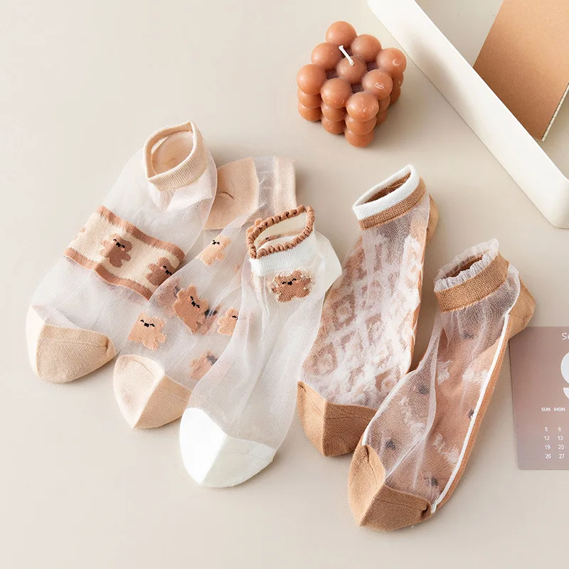 

Bear Woman Socks Short Kawaii Women Sock Cotton Woman Sox Lace Thin Sock Ladies Breathable Summer Classic Lady Calcetines Hombre