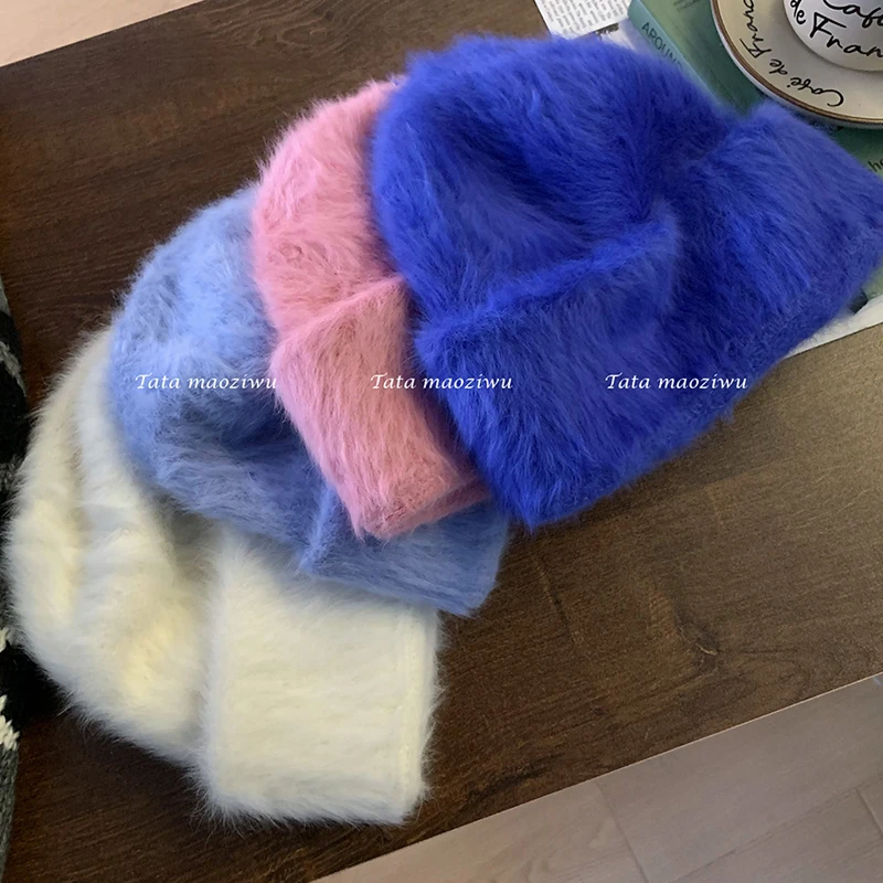 2023 Angora Flauschige Strickmütze Kaninchenfell Wintermütze für Damen Damen Mode Warmer Plüschschädel Damen Dicke Fleecemützen