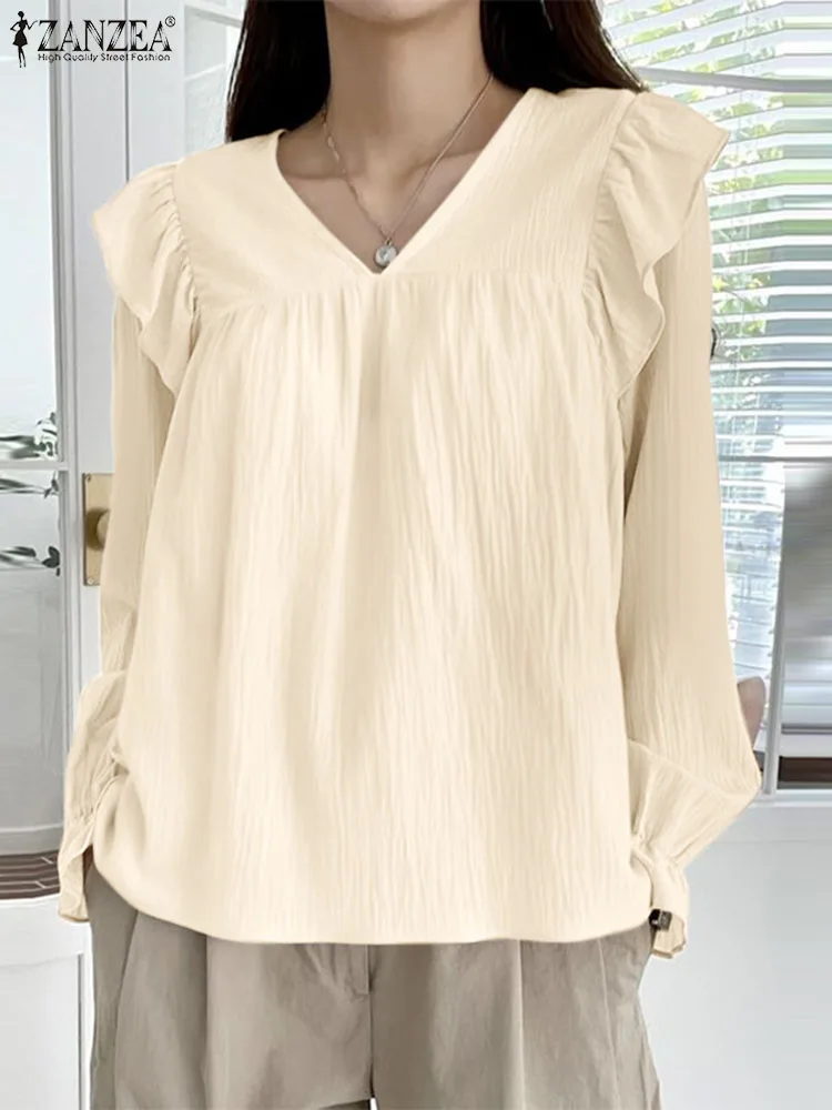 

Блузка ZANZEA Женская с длинным рукавом-фонариком, Повседневная Свободная плиссированная рубашка в стиле Харадзюку, топ с оборками и V-образным вырезом, осень 2023