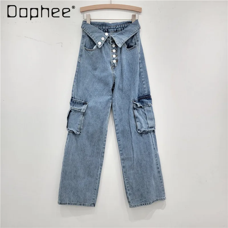 American Retro Cargo Straight Jeans 2024 Women's Spring New Streetwear Hot Girls Loose Pockets Light Blue High Waist Denim Pants