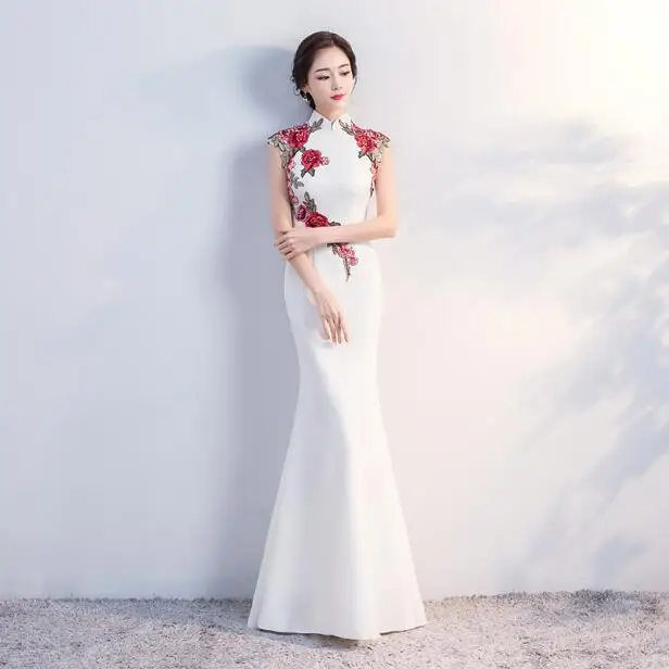 

Chinese Cheongsam Performance Women Summer Evening Dress Improved Banquet Embroidery Stage Vintage Chipao