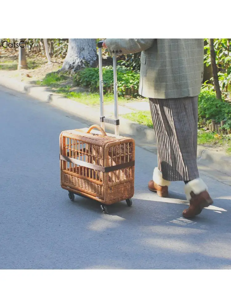 Handmade Rattan Cat Outing Trolley Bag, Labor-Saving, Universal Wheel Trolley Case, Breathable Basket, Pet Supplies