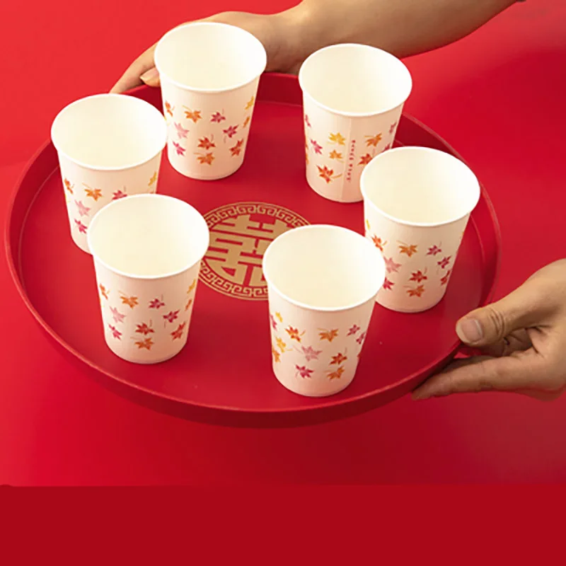 Chinese Red Plastic Oblong Round Toast Tray Hotel Wedding Party Tea Trays to Serve Food Festive Display Ceremony Decoration
