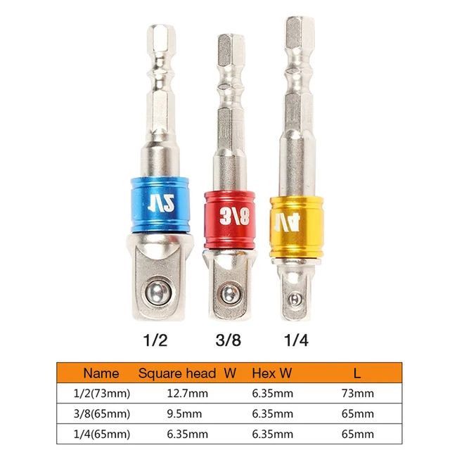 AI-ROAD 3pcs Chrome Vanadium Steel Socket Adapter Extension Drill Bit Hex Shank To 1/4